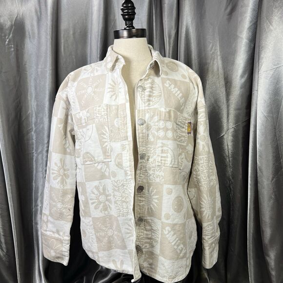 Smiley X H&M Womens XS Oversized Denim Shacket Shirt Beige White Button Up Smile - Picture 1 of 14